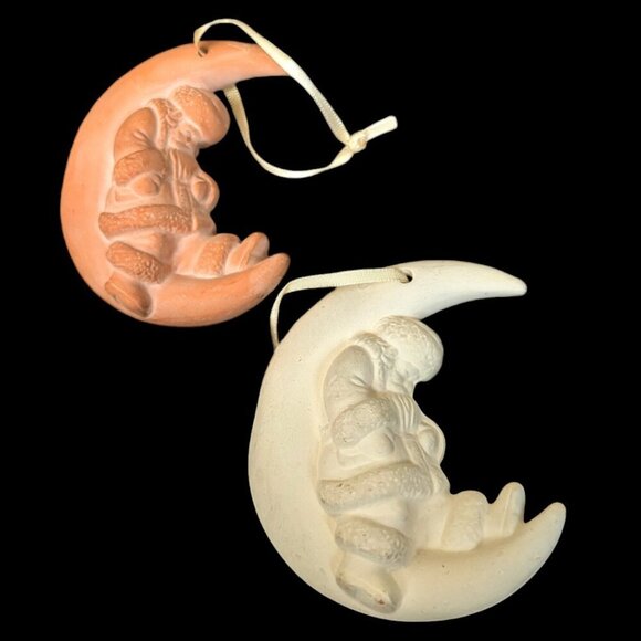 Ceramic Clay Half Moon Sleeping Santa Christmas Tree Holiday Ornaments Vintage - Picture 2 of 10